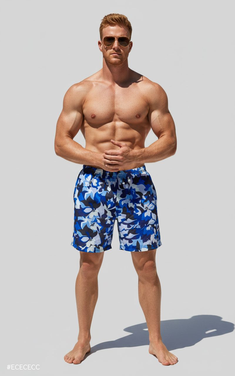 Men's tan-through swim shorts with blue floral camouflage pattern.