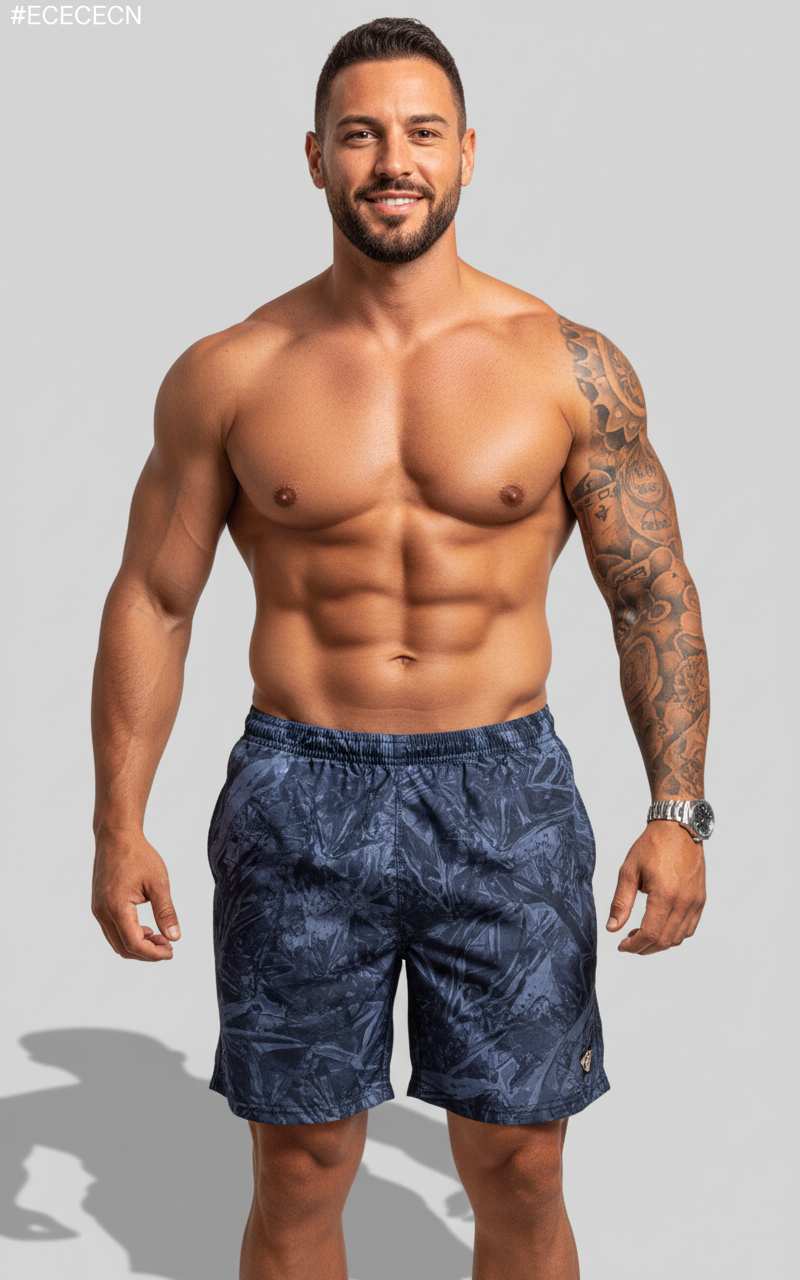 Men's tan-through board shorts with navy shadow print.