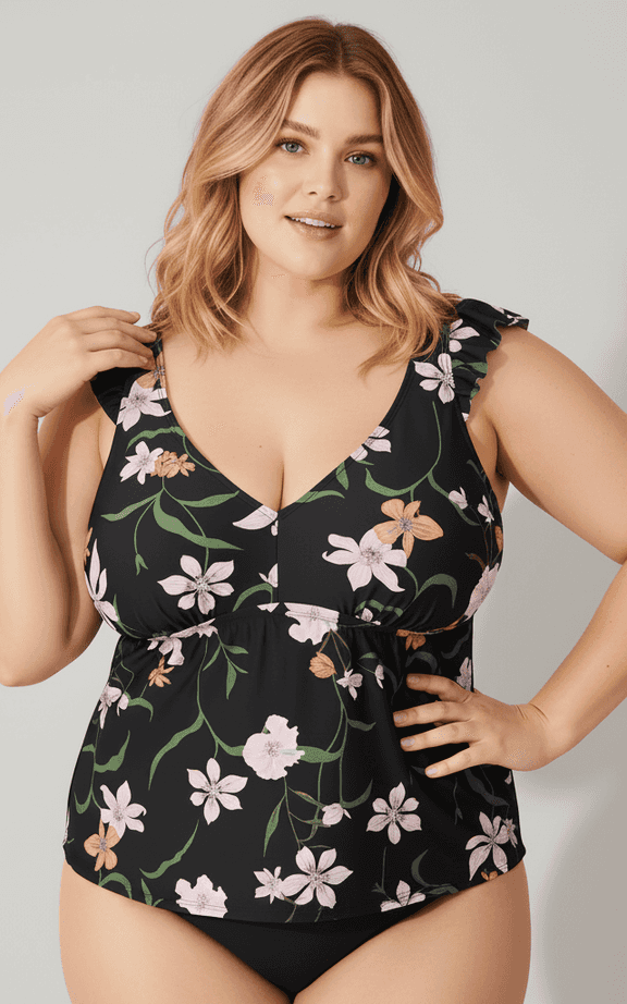 Black floral tankini with V-neck and ruffled sleeves