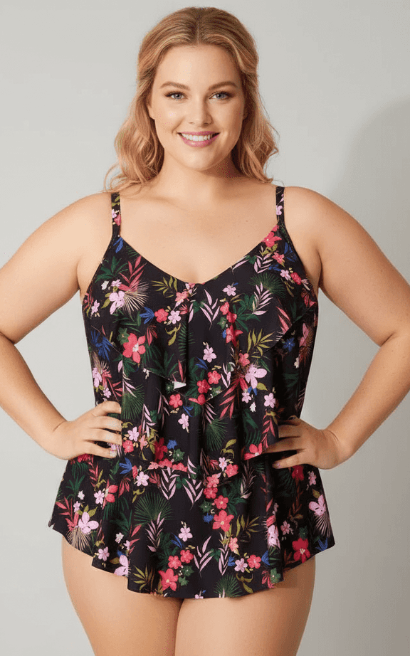 Black tropical print tankini with ruffled hem and solid black bottoms