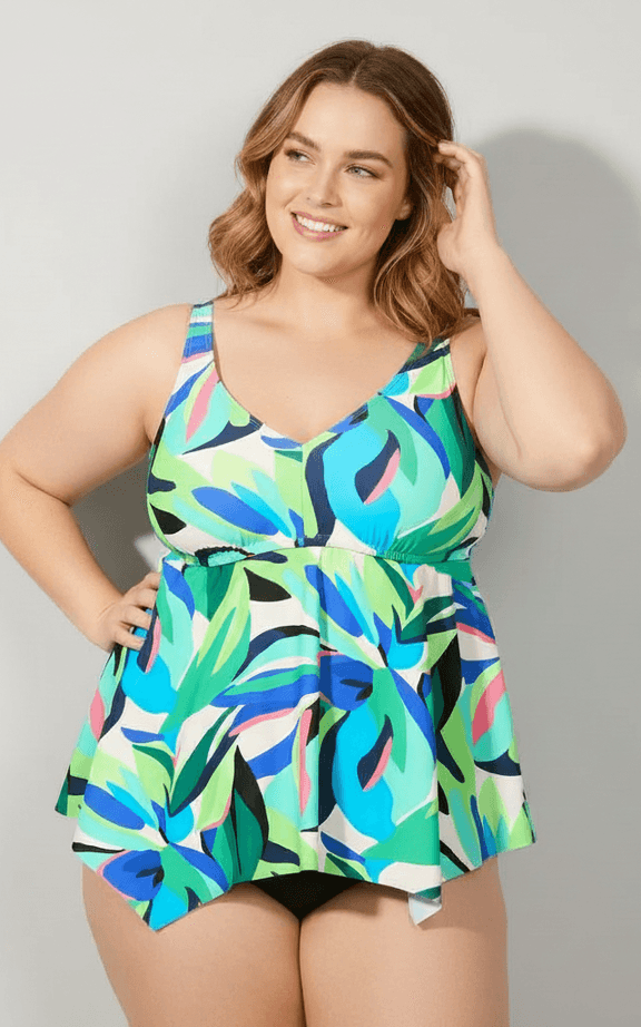 Plus size tankini with abstract print and flared peplum hem