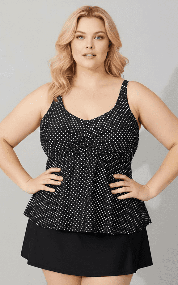 Polka dot ruched tankini with attached black high-waisted swim skirt