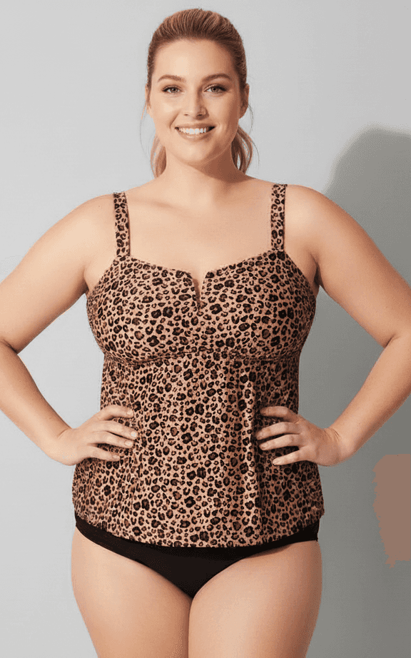 Leopard print tankini with sweetheart neckline and adjustable straps