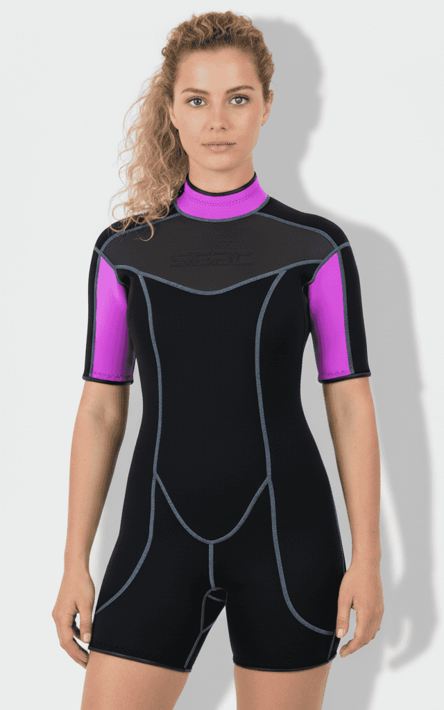 Black shorty wetsuit for women with magenta shoulder panels and high collar, short-sleeve spring style