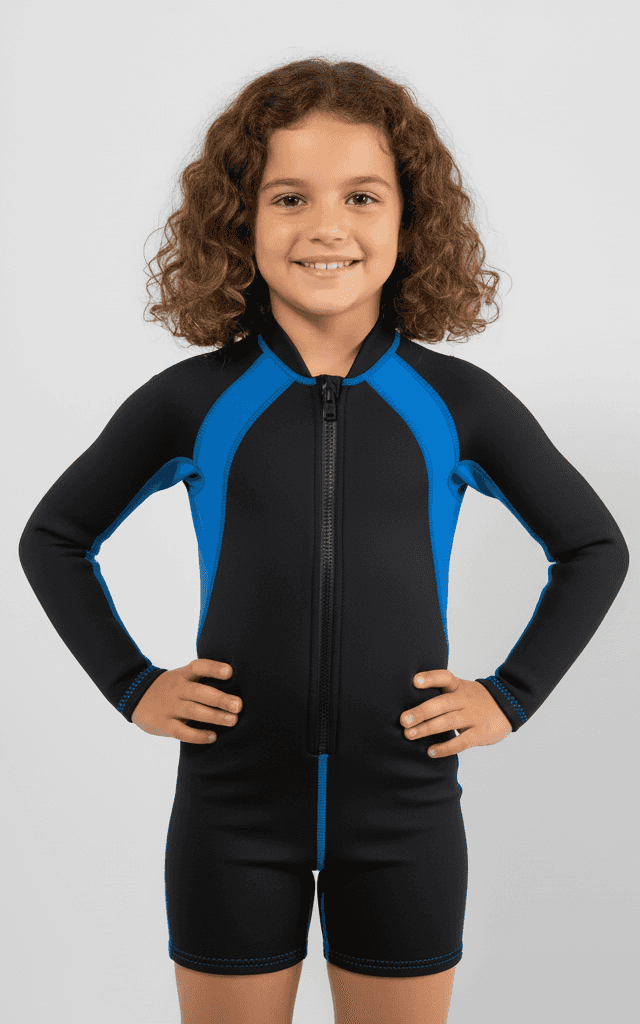 Kids' wetsuit shorty, black and blue long-sleeve with front zip, for swimming and beach play