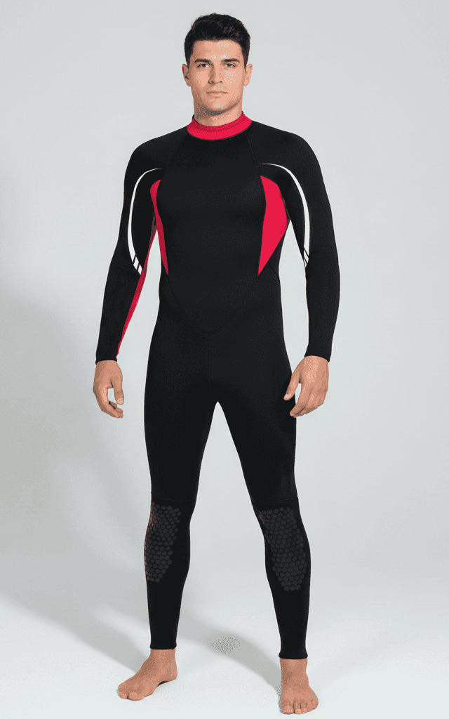 Full wetsuit for men, black with red and white athletic paneling and durable knee pads